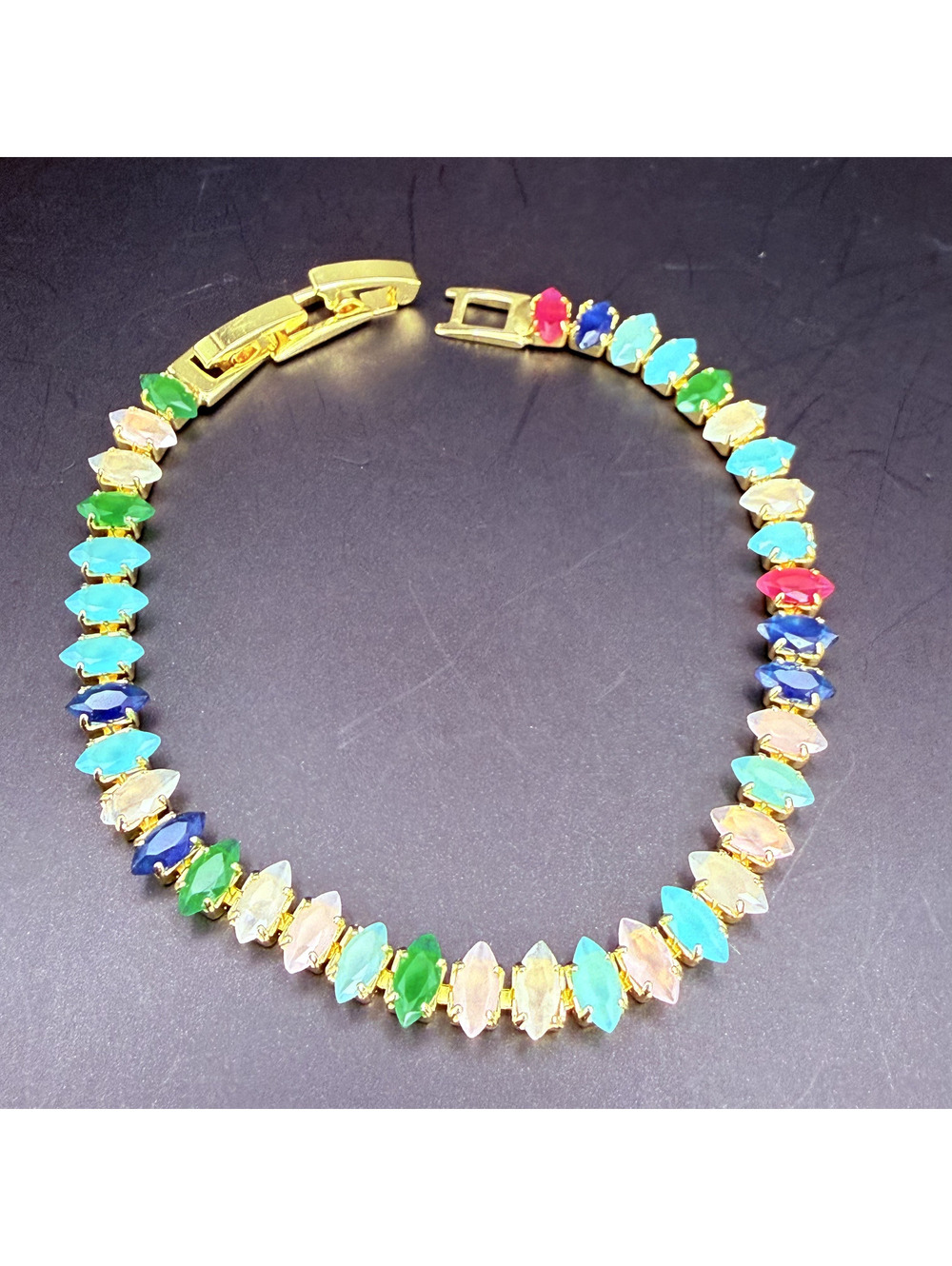 candy+clover jeans day multicolor baguette crystal godl tone tennis bracelet